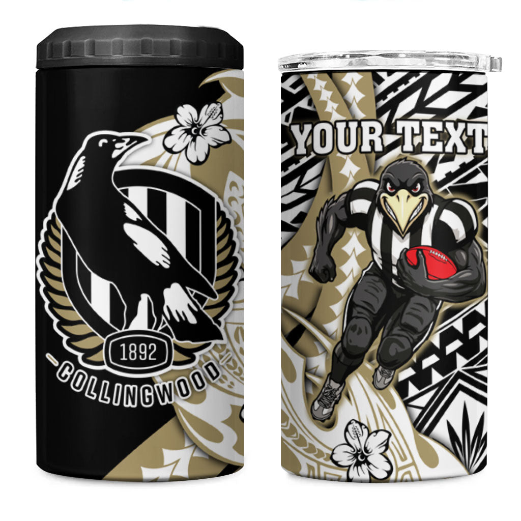 Personalized Collingwood Magpies 4 in 1 Can Cooler Tumbler Polynesian Tribal Magpie Mascot With Hibiscus Floral Art