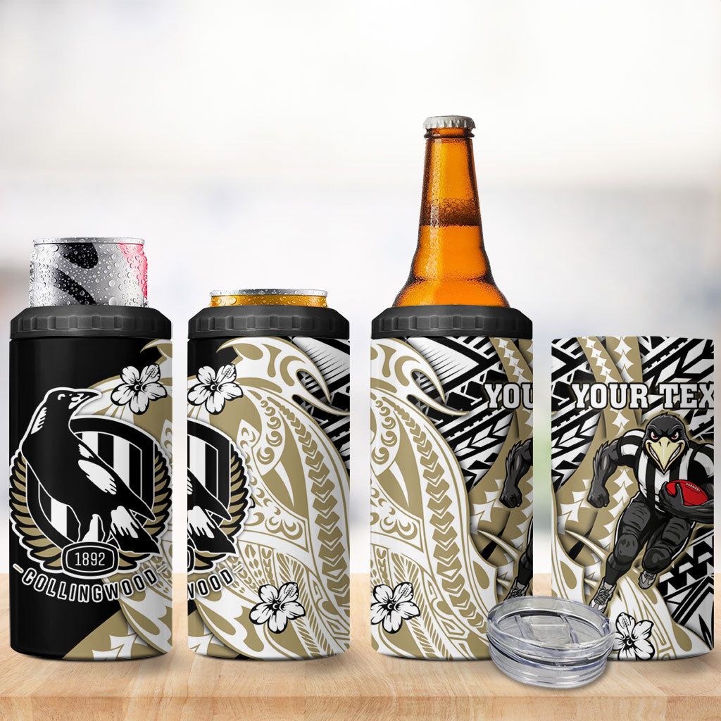 Personalized Collingwood Magpies 4 in 1 Can Cooler Tumbler Polynesian Tribal Magpie Mascot With Hibiscus Floral Art