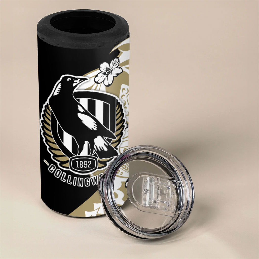 Personalized Collingwood Magpies 4 in 1 Can Cooler Tumbler Polynesian Tribal Magpie Mascot With Hibiscus Floral Art