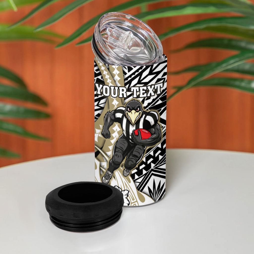 Personalized Collingwood Magpies 4 in 1 Can Cooler Tumbler Polynesian Tribal Magpie Mascot With Hibiscus Floral Art