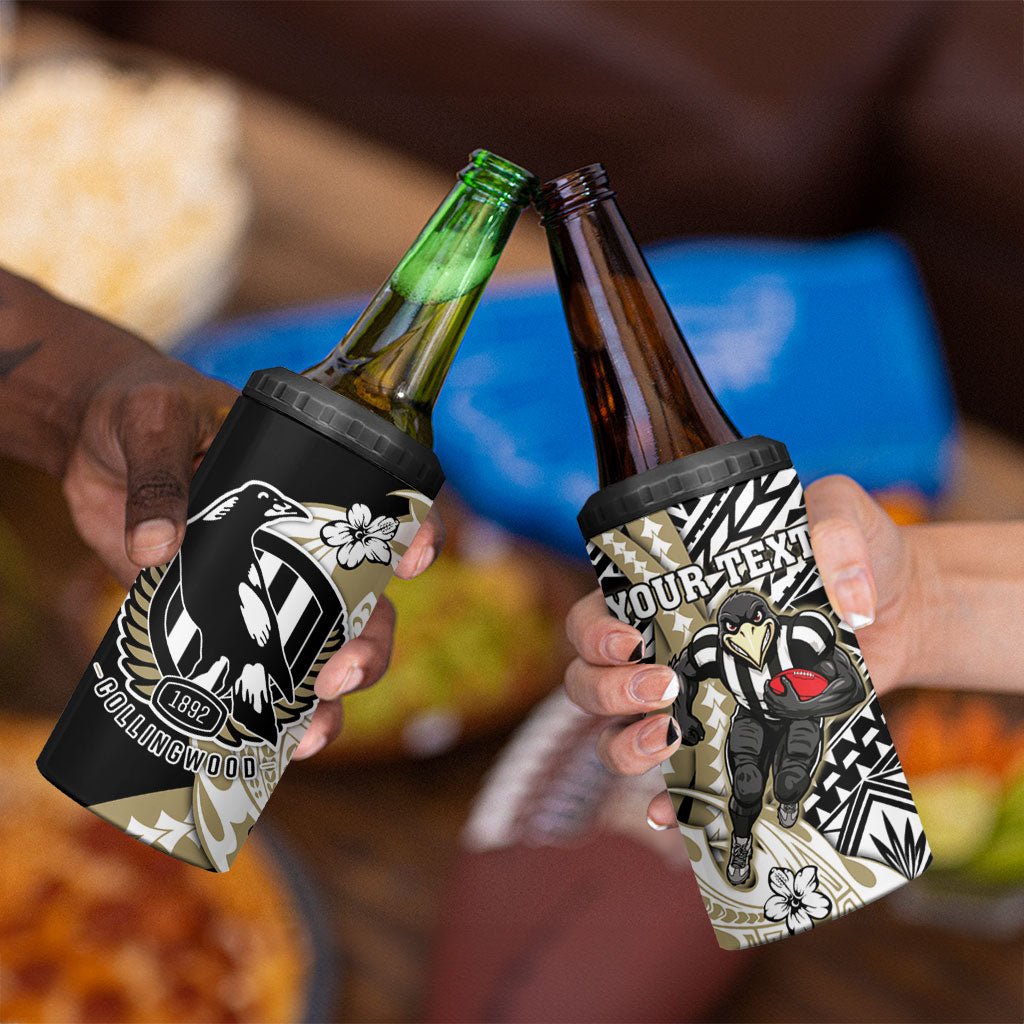 Personalized Collingwood Magpies 4 in 1 Can Cooler Tumbler Polynesian Tribal Magpie Mascot With Hibiscus Floral Art