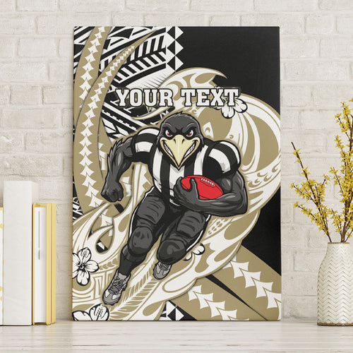 Personalized Collingwood Magpies Canvas Wall Art Polynesian Tribal Magpie Mascot With Hibiscus Floral Art