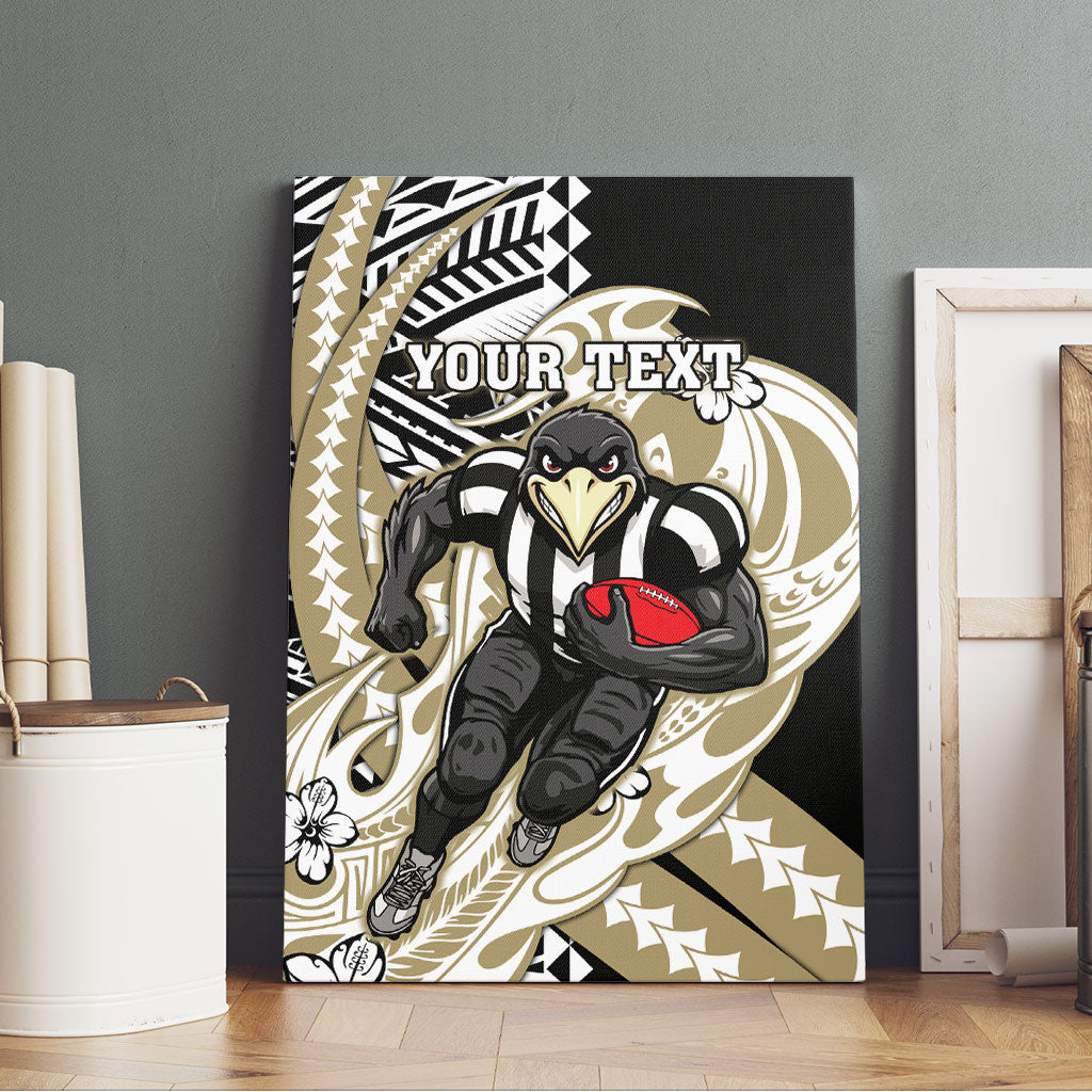 Personalized Collingwood Magpies Canvas Wall Art Polynesian Tribal Magpie Mascot With Hibiscus Floral Art