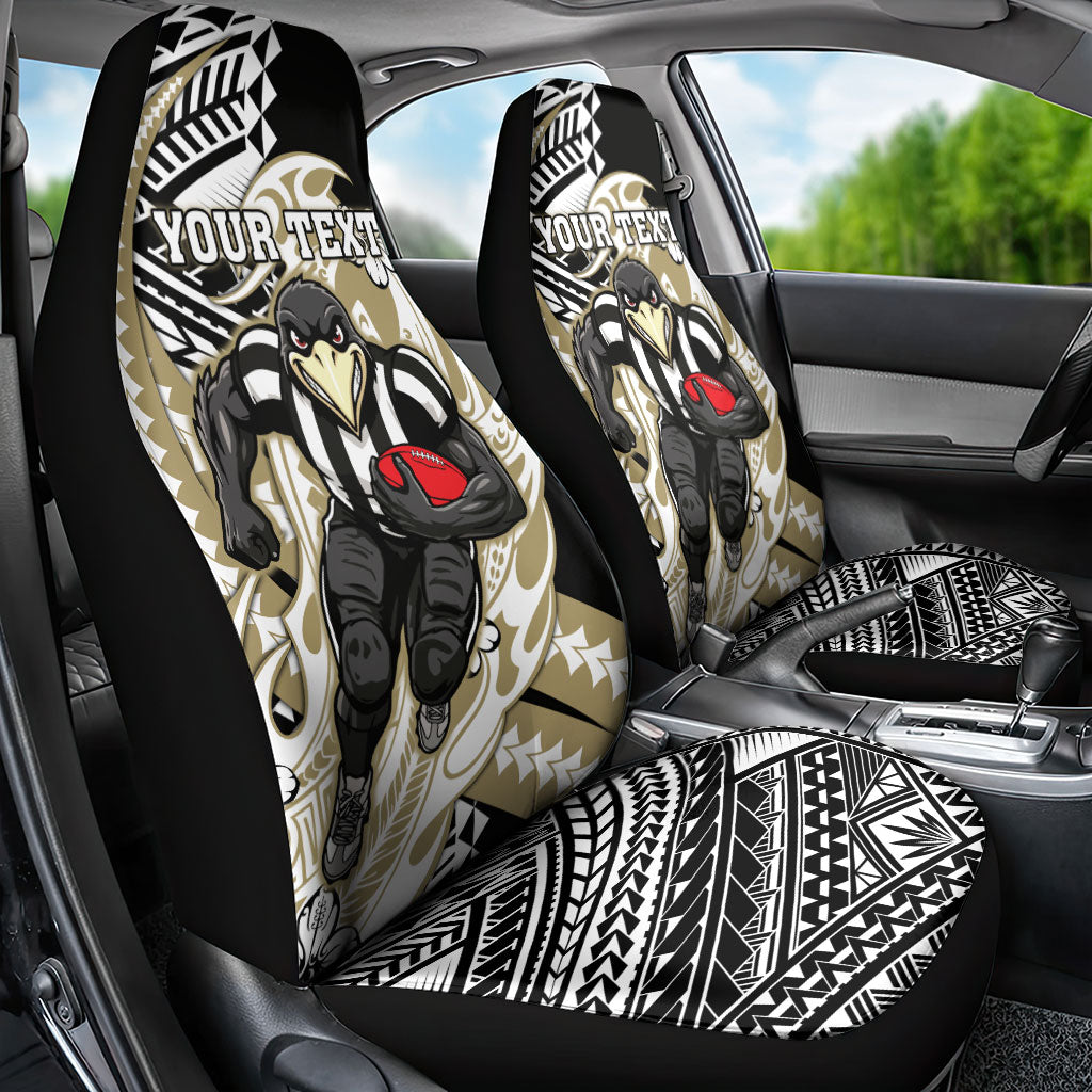 Personalized Collingwood Magpies Car Seat Cover Polynesian Tribal Magpie Mascot With Hibiscus Floral Art