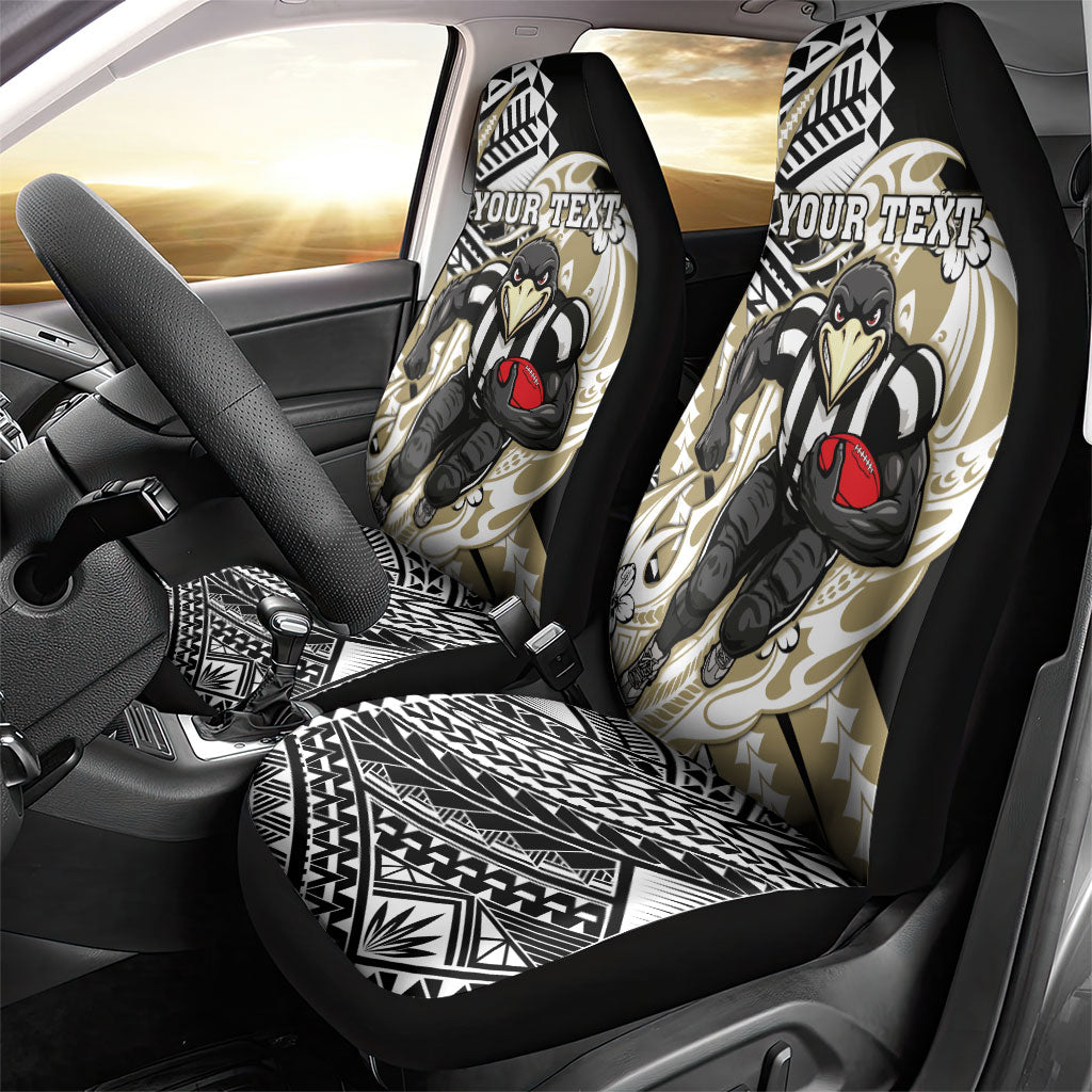 Personalized Collingwood Magpies Car Seat Cover Polynesian Tribal Magpie Mascot With Hibiscus Floral Art