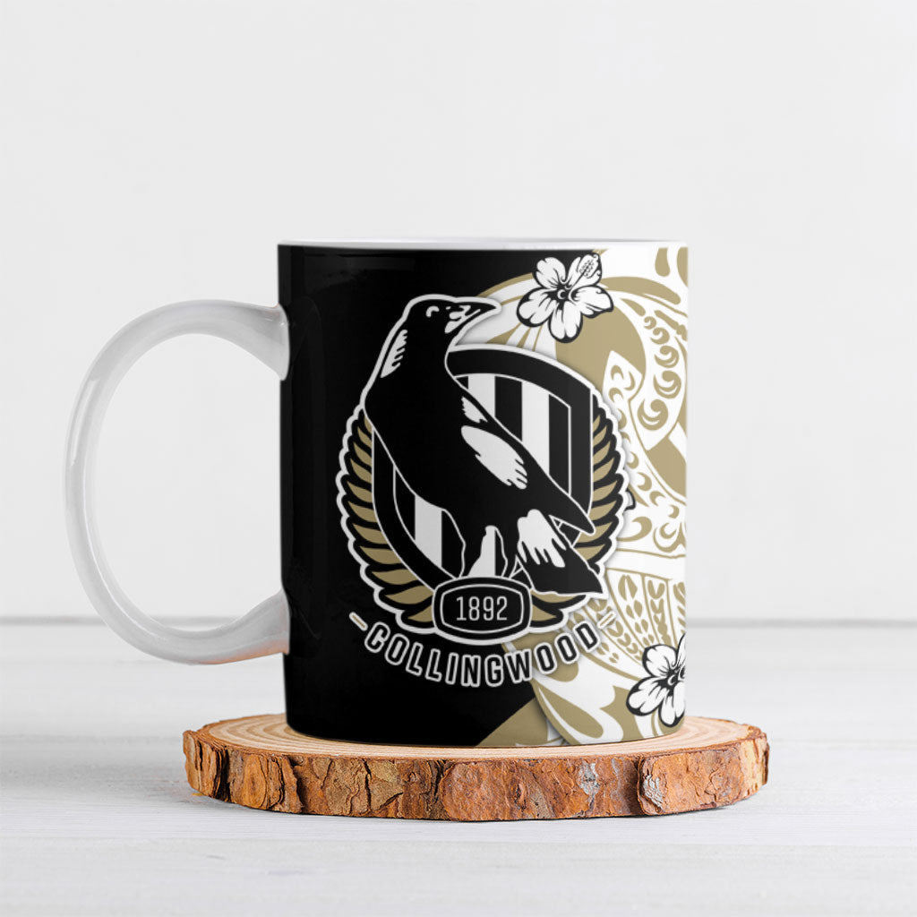 Personalized Collingwood Magpies Ceramic Mug Polynesian Tribal Magpie Mascot With Hibiscus Floral Art