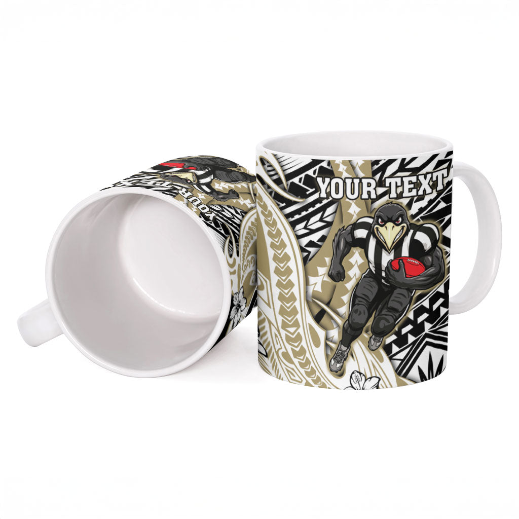 Personalized Collingwood Magpies Ceramic Mug Polynesian Tribal Magpie Mascot With Hibiscus Floral Art