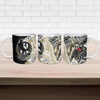 Personalized Collingwood Magpies Ceramic Mug Polynesian Tribal Magpie Mascot With Hibiscus Floral Art