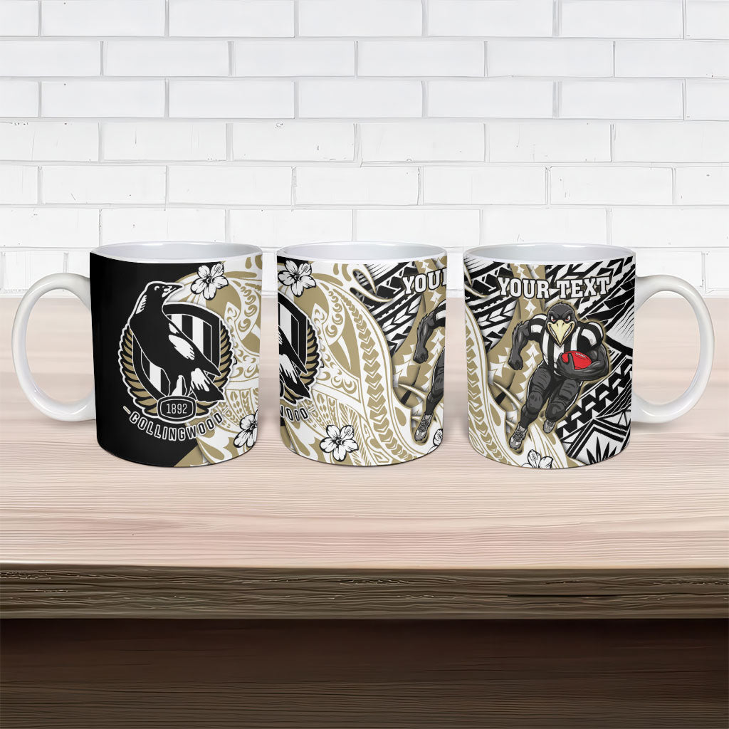 Personalized Collingwood Magpies Ceramic Mug Polynesian Tribal Magpie Mascot With Hibiscus Floral Art