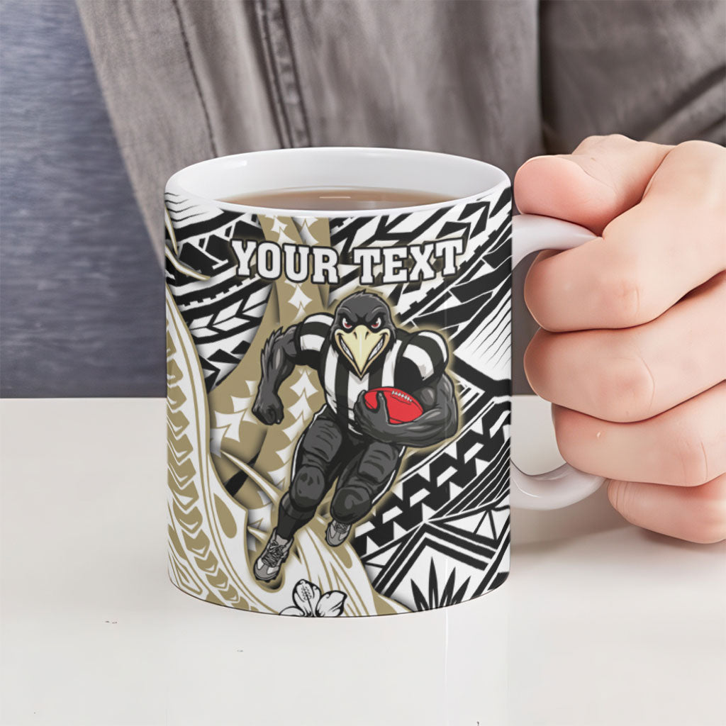 Personalized Collingwood Magpies Ceramic Mug Polynesian Tribal Magpie Mascot With Hibiscus Floral Art
