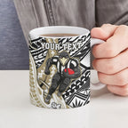 Personalized Collingwood Magpies Ceramic Mug Polynesian Tribal Magpie Mascot With Hibiscus Floral Art