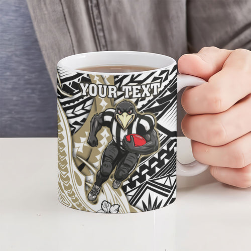 Personalized Collingwood Magpies Ceramic Mug Polynesian Tribal Magpie Mascot With Hibiscus Floral Art