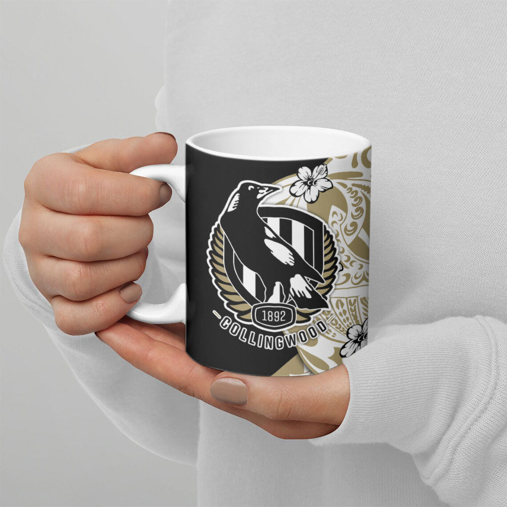 Personalized Collingwood Magpies Ceramic Mug Polynesian Tribal Magpie Mascot With Hibiscus Floral Art