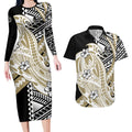 Personalized Collingwood Magpies Couples Matching Long Sleeve Bodycon Dress and Hawaiian Shirt Polynesian Tribal Magpie Mascot With Hibiscus Floral Art
