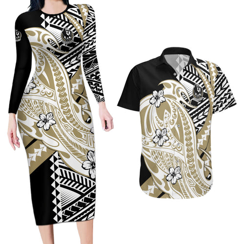 Personalized Collingwood Magpies Couples Matching Long Sleeve Bodycon Dress and Hawaiian Shirt Polynesian Tribal Magpie Mascot With Hibiscus Floral Art