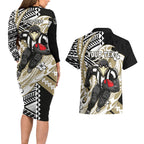 Personalized Collingwood Magpies Couples Matching Long Sleeve Bodycon Dress and Hawaiian Shirt Polynesian Tribal Magpie Mascot With Hibiscus Floral Art
