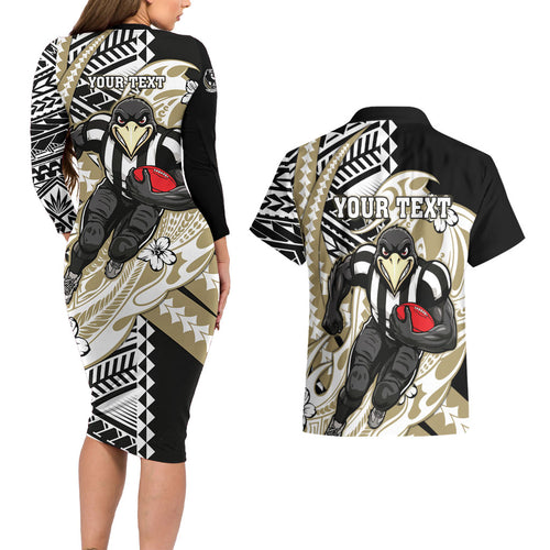 Personalized Collingwood Magpies Couples Matching Long Sleeve Bodycon Dress and Hawaiian Shirt Polynesian Tribal Magpie Mascot With Hibiscus Floral Art