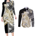 Personalized Collingwood Magpies Couples Matching Long Sleeve Bodycon Dress and Long Sleeve Button Shirt Polynesian Tribal Magpie Mascot With Hibiscus Floral Art