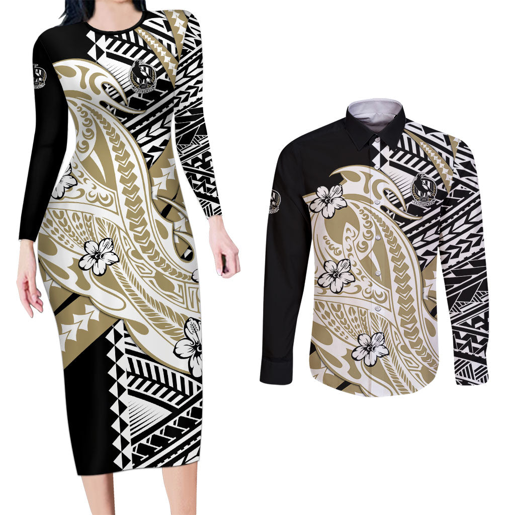 Personalized Collingwood Magpies Couples Matching Long Sleeve Bodycon Dress and Long Sleeve Button Shirt Polynesian Tribal Magpie Mascot With Hibiscus Floral Art
