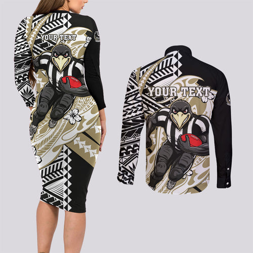 Personalized Collingwood Magpies Couples Matching Long Sleeve Bodycon Dress and Long Sleeve Button Shirt Polynesian Tribal Magpie Mascot With Hibiscus Floral Art
