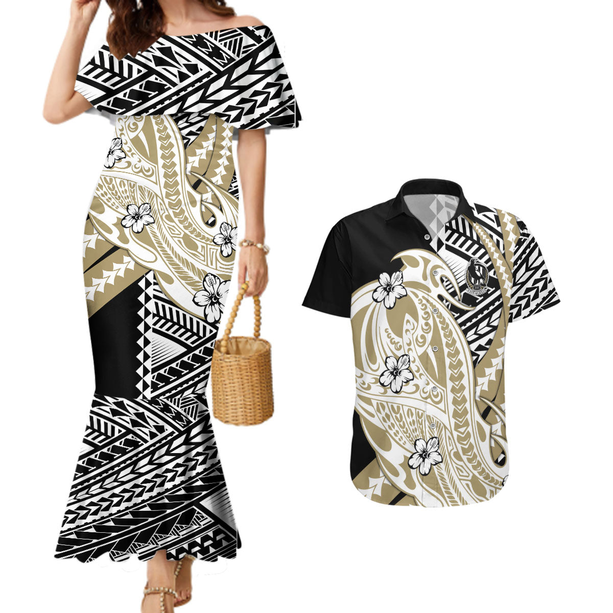 Personalized Collingwood Magpies Couples Matching Mermaid Dress and Hawaiian Shirt Polynesian Tribal Magpie Mascot With Hibiscus Floral Art