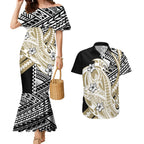Personalized Collingwood Magpies Couples Matching Mermaid Dress and Hawaiian Shirt Polynesian Tribal Magpie Mascot With Hibiscus Floral Art