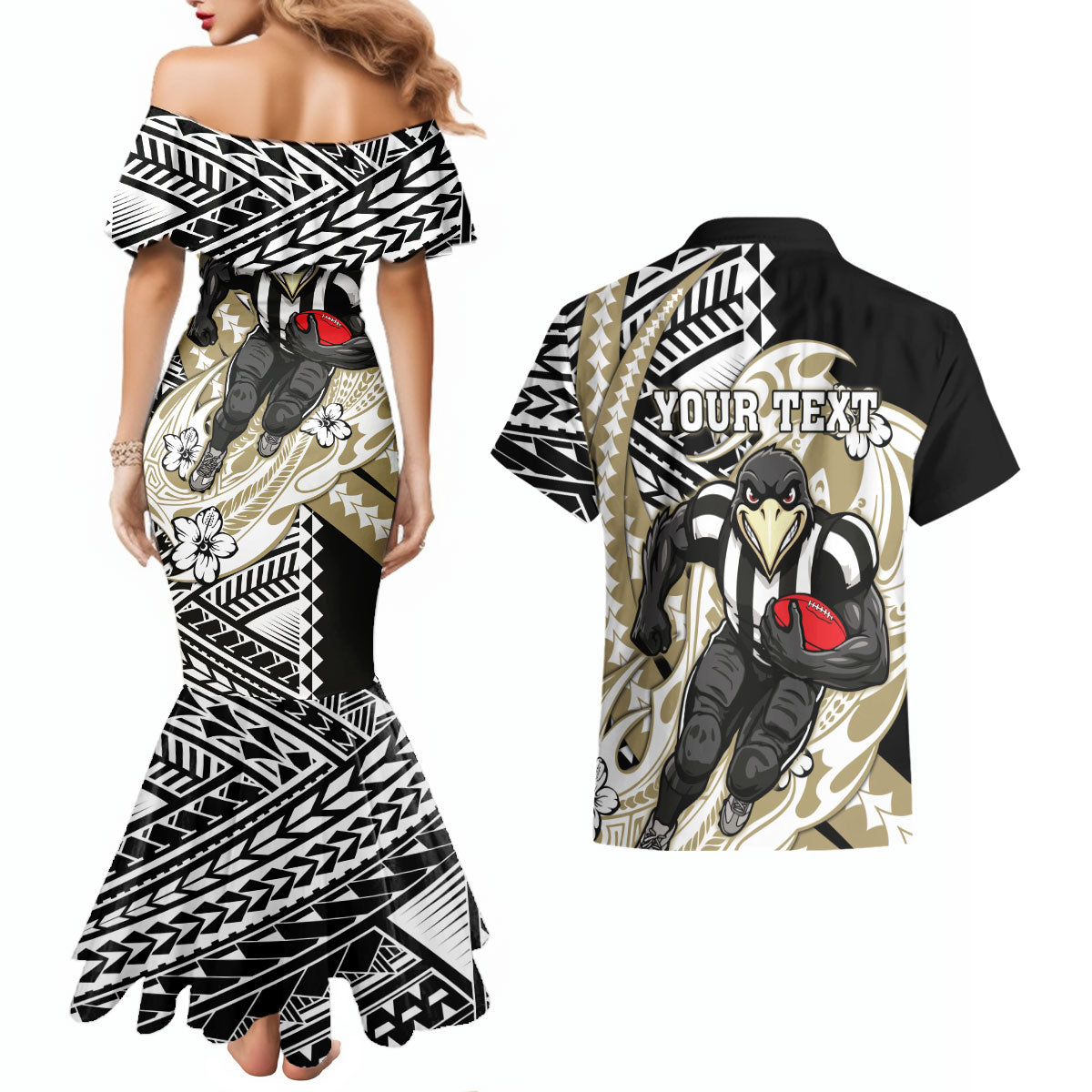 Personalized Collingwood Magpies Couples Matching Mermaid Dress and Hawaiian Shirt Polynesian Tribal Magpie Mascot With Hibiscus Floral Art