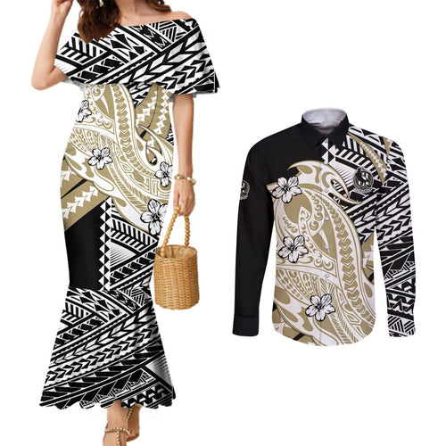 Personalized Collingwood Magpies Couples Matching Mermaid Dress and Long Sleeve Button Shirt Polynesian Tribal Magpie Mascot With Hibiscus Floral Art