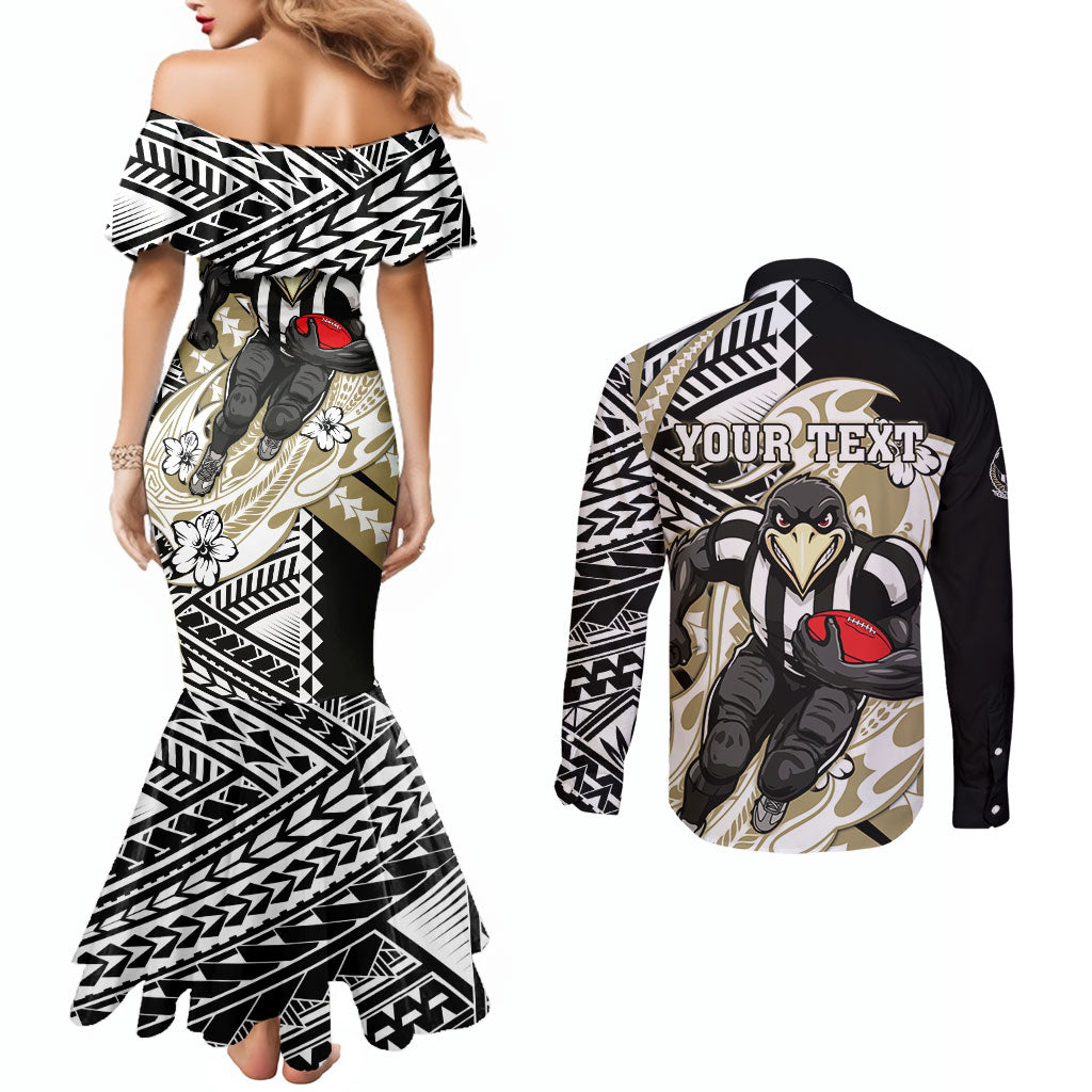 Personalized Collingwood Magpies Couples Matching Mermaid Dress and Long Sleeve Button Shirt Polynesian Tribal Magpie Mascot With Hibiscus Floral Art