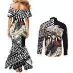 Personalized Collingwood Magpies Couples Matching Mermaid Dress and Long Sleeve Button Shirt Polynesian Tribal Magpie Mascot With Hibiscus Floral Art