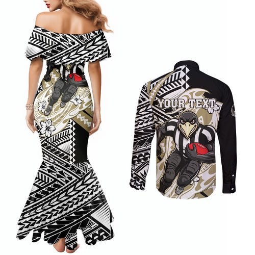 Personalized Collingwood Magpies Couples Matching Mermaid Dress and Long Sleeve Button Shirt Polynesian Tribal Magpie Mascot With Hibiscus Floral Art