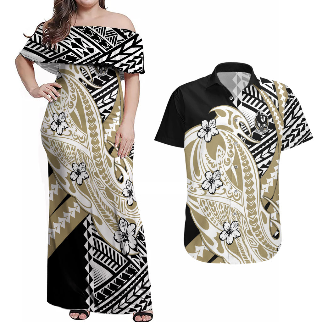 Personalized Collingwood Magpies Couples Matching Off Shoulder Maxi Dress and Hawaiian Shirt Polynesian Tribal Magpie Mascot With Hibiscus Floral Art