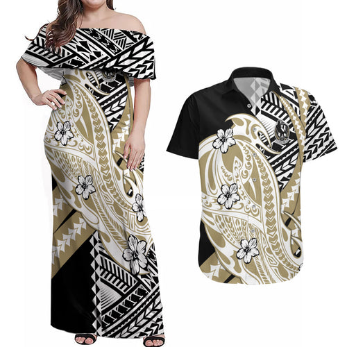 Personalized Collingwood Magpies Couples Matching Off Shoulder Maxi Dress and Hawaiian Shirt Polynesian Tribal Magpie Mascot With Hibiscus Floral Art