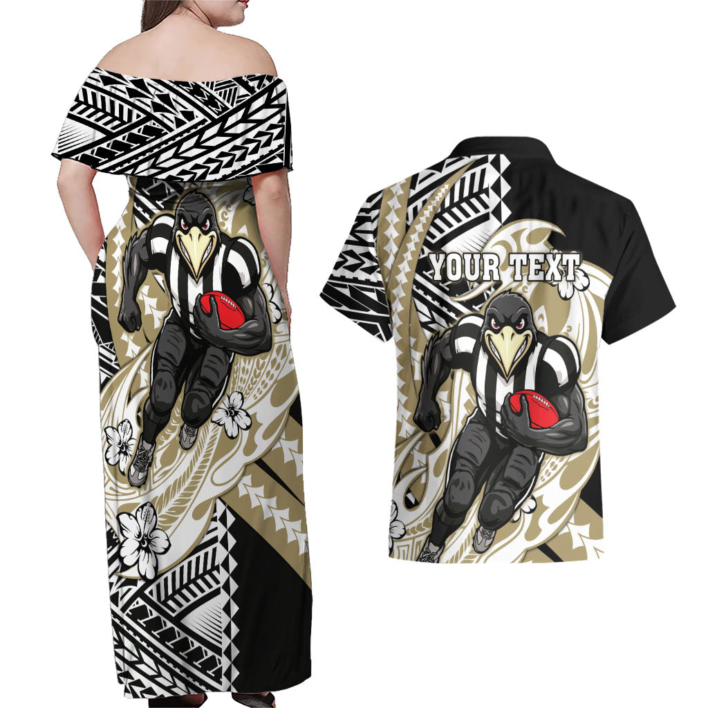 Personalized Collingwood Magpies Couples Matching Off Shoulder Maxi Dress and Hawaiian Shirt Polynesian Tribal Magpie Mascot With Hibiscus Floral Art