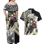 Personalized Collingwood Magpies Couples Matching Off Shoulder Maxi Dress and Hawaiian Shirt Polynesian Tribal Magpie Mascot With Hibiscus Floral Art