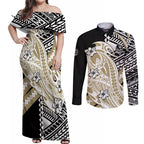 Personalized Collingwood Magpies Couples Matching Off Shoulder Maxi Dress and Long Sleeve Button Shirt Polynesian Tribal Magpie Mascot With Hibiscus Floral Art