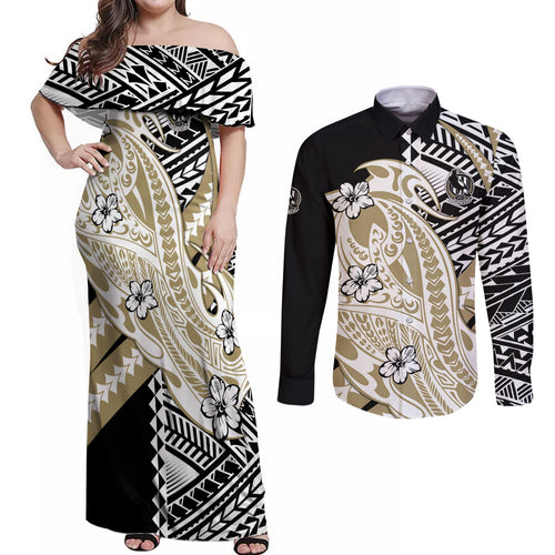 Personalized Collingwood Magpies Couples Matching Off Shoulder Maxi Dress and Long Sleeve Button Shirt Polynesian Tribal Magpie Mascot With Hibiscus Floral Art