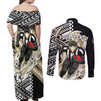 Personalized Collingwood Magpies Couples Matching Off Shoulder Maxi Dress and Long Sleeve Button Shirt Polynesian Tribal Magpie Mascot With Hibiscus Floral Art