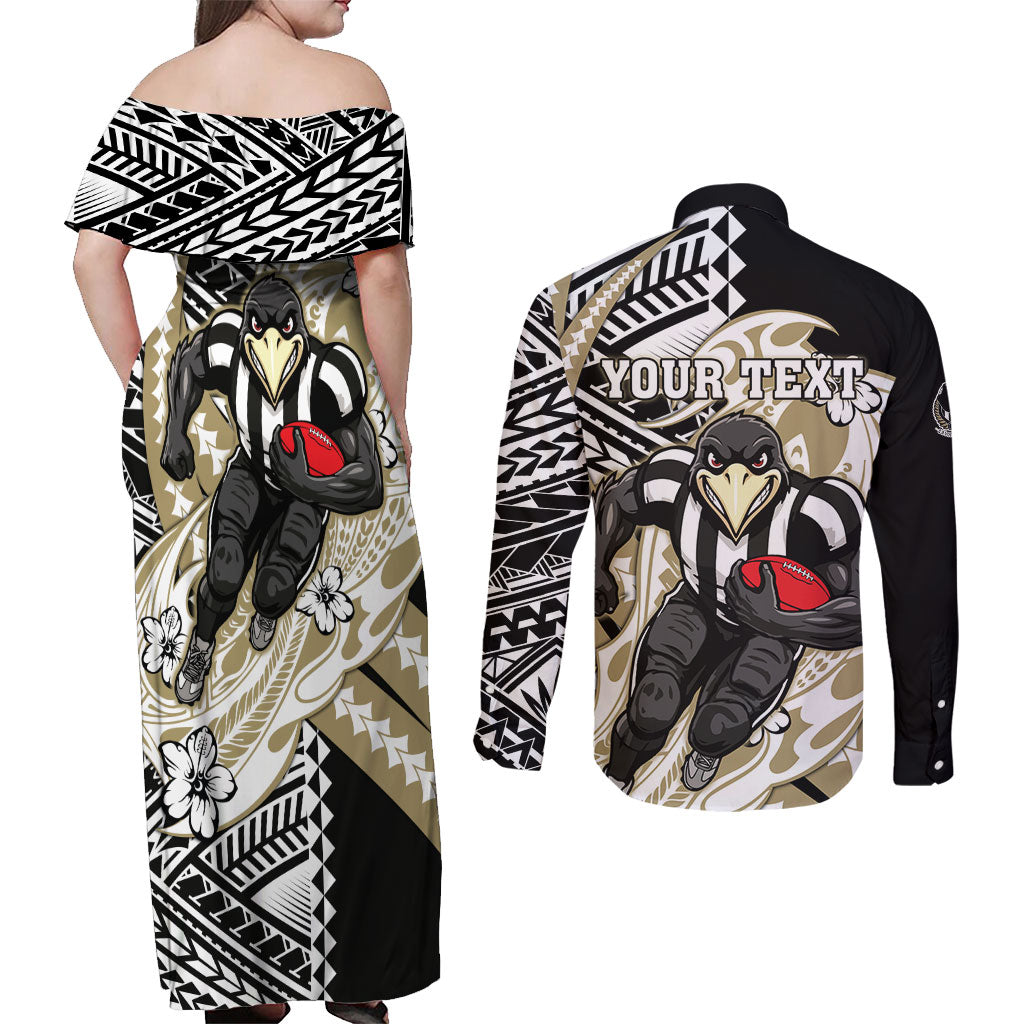 Personalized Collingwood Magpies Couples Matching Off Shoulder Maxi Dress and Long Sleeve Button Shirt Polynesian Tribal Magpie Mascot With Hibiscus Floral Art