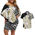 Personalized Collingwood Magpies Couples Matching Off Shoulder Short Dress and Hawaiian Shirt Polynesian Tribal Magpie Mascot With Hibiscus Floral Art