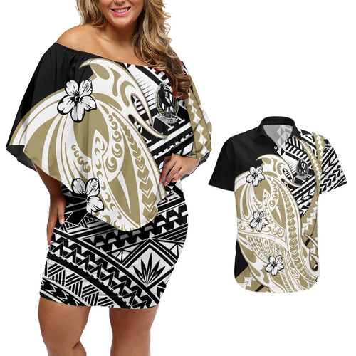 Personalized Collingwood Magpies Couples Matching Off Shoulder Short Dress and Hawaiian Shirt Polynesian Tribal Magpie Mascot With Hibiscus Floral Art