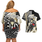 Personalized Collingwood Magpies Couples Matching Off Shoulder Short Dress and Hawaiian Shirt Polynesian Tribal Magpie Mascot With Hibiscus Floral Art