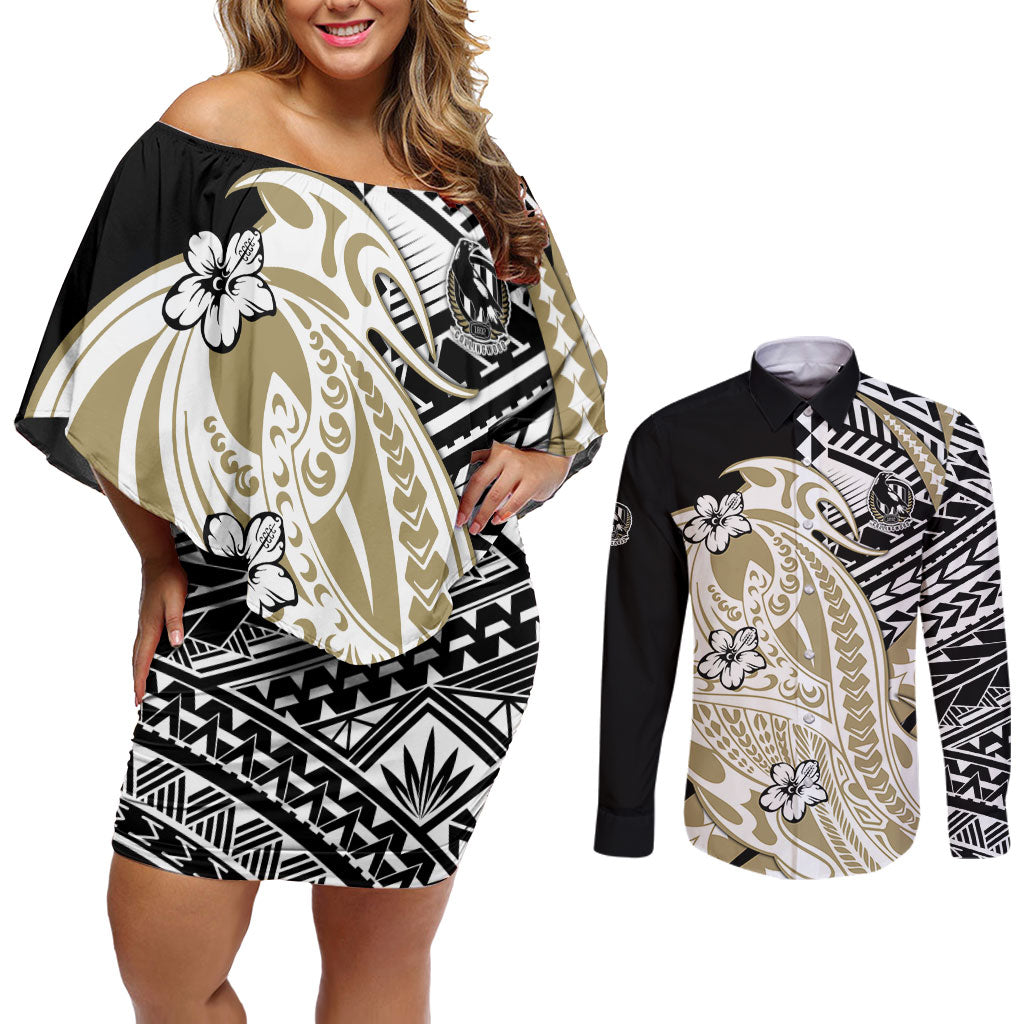 Personalized Collingwood Magpies Couples Matching Off Shoulder Short Dress and Long Sleeve Button Shirt Polynesian Tribal Magpie Mascot With Hibiscus Floral Art