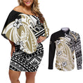 Personalized Collingwood Magpies Couples Matching Off Shoulder Short Dress and Long Sleeve Button Shirt Polynesian Tribal Magpie Mascot With Hibiscus Floral Art