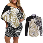 Personalized Collingwood Magpies Couples Matching Off Shoulder Short Dress and Long Sleeve Button Shirt Polynesian Tribal Magpie Mascot With Hibiscus Floral Art