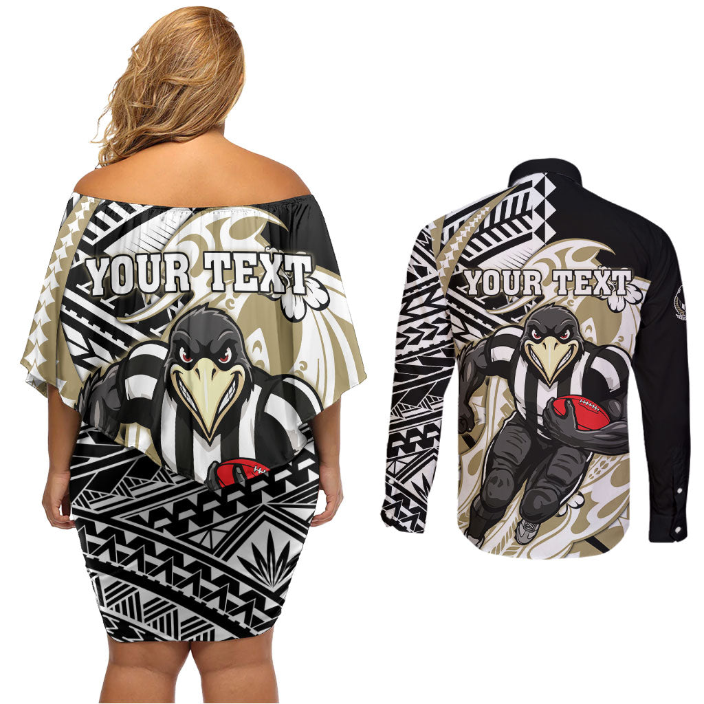 Personalized Collingwood Magpies Couples Matching Off Shoulder Short Dress and Long Sleeve Button Shirt Polynesian Tribal Magpie Mascot With Hibiscus Floral Art