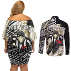 Personalized Collingwood Magpies Couples Matching Off Shoulder Short Dress and Long Sleeve Button Shirt Polynesian Tribal Magpie Mascot With Hibiscus Floral Art