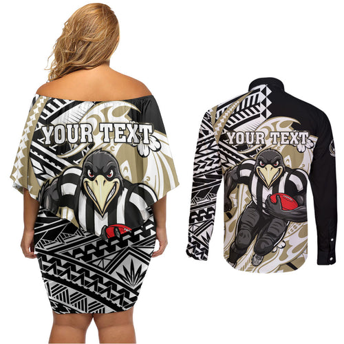 Personalized Collingwood Magpies Couples Matching Off Shoulder Short Dress and Long Sleeve Button Shirt Polynesian Tribal Magpie Mascot With Hibiscus Floral Art