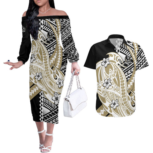 Personalized Collingwood Magpies Couples Matching Off The Shoulder Long Sleeve Dress and Hawaiian Shirt Polynesian Tribal Magpie Mascot With Hibiscus Floral Art