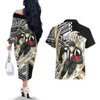 Personalized Collingwood Magpies Couples Matching Off The Shoulder Long Sleeve Dress and Hawaiian Shirt Polynesian Tribal Magpie Mascot With Hibiscus Floral Art